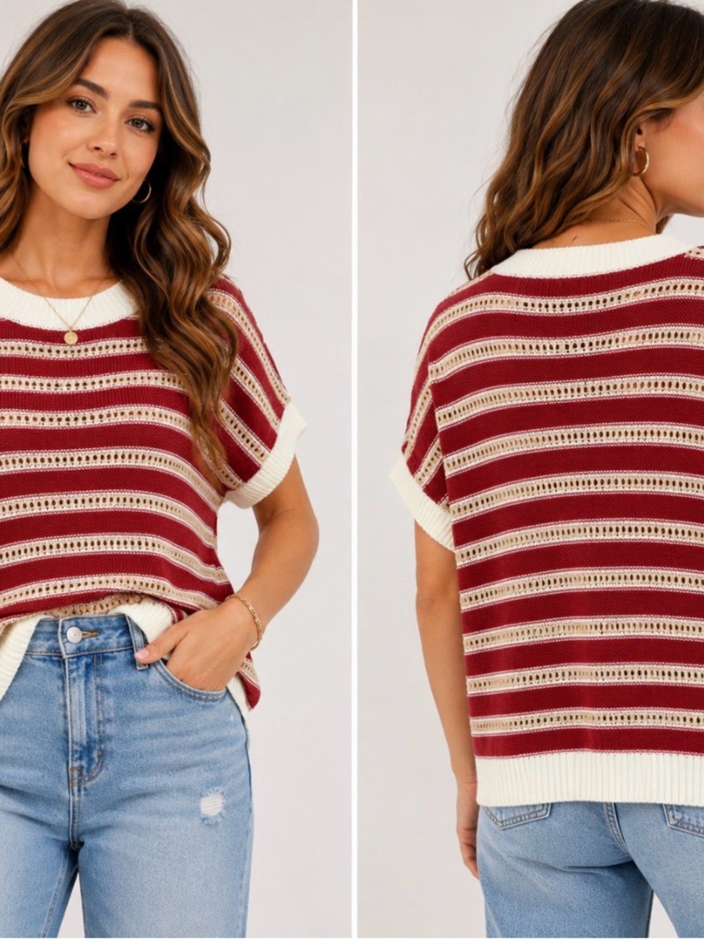 Richstory Red Cream Striped Open-Knit Short Sleeve Sweater Size Small